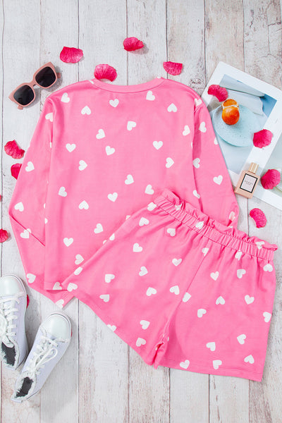 Cozy Women's Pink Heart Print Lounge Set - Long Sleeve Tee & Shorts for Relaxed Valentine's Day Style