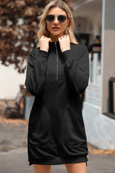 Women's Ribbed Patchwork Quarter-Zip Sweatshirt Dress in Charcoal