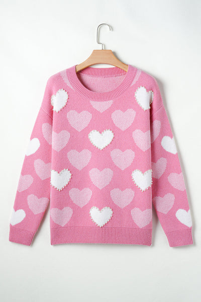 Cozy Women's Pink Heart Print Sweater with Pearl Accents - Stylish Valentine's Day Crew Neck for Effortless Charm