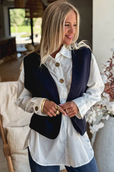 Women's Casual Dirty Blue Braided Trim Open Front Vest - Effortless Layering for Comfort and Chic Style