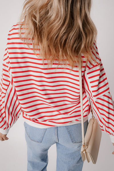 Cozy Women's Orange Striped Drop Shoulder Sweatshirt - Relaxed Fit Crew Neck for Effortless Casual Style