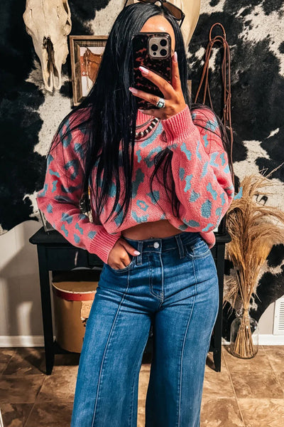 Trendy Women's Pink Leopard Print Drop Shoulder Sweater for Casual Comfort and Everyday Style