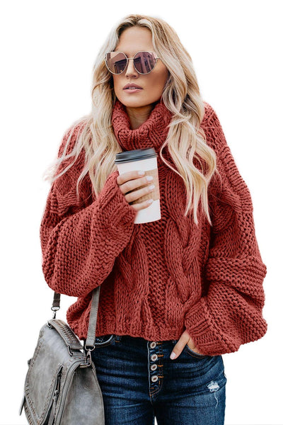 Cozy Women's Fiery Red Handmade Cable Knit Turtleneck Sweater Stylish Warmth for Cuddle Weather Comfort