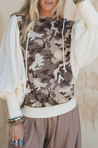 Trendy Women's Khaki Camouflage Puff Sleeve Hooded Top in Soft Cotton Gauze for Casual Chic Style and Comfort