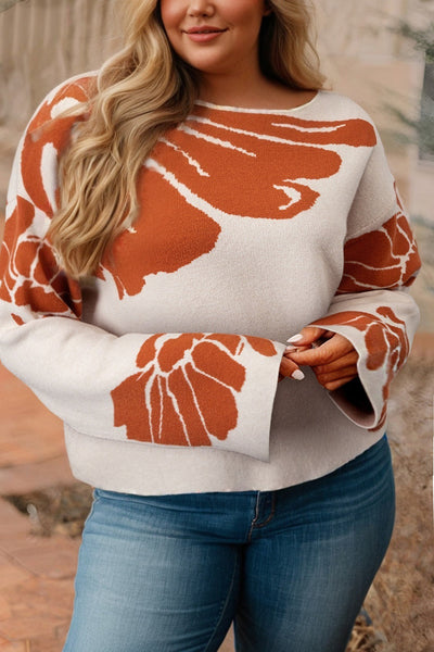 Cozy Beige Plus Size Women's Floral Print Sweater with Wide Sleeves for Stylish All-Season Comfort