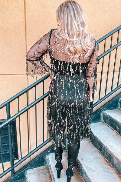 Women's Black Sequin Sheer Long Sleeve Open Front Kimono