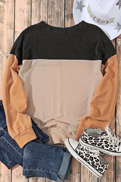 Stylish Women's Black Color Block Ribbed Long Sleeve Top - Relaxed Fit for Effortless Casual Comfort