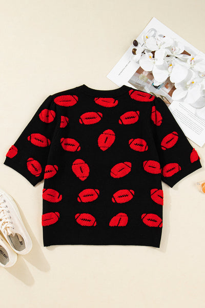 Women's Stylish Black Knit Short Sleeve Sweater with Rugby Print Comfortable Casual Top for Everyday Fashion