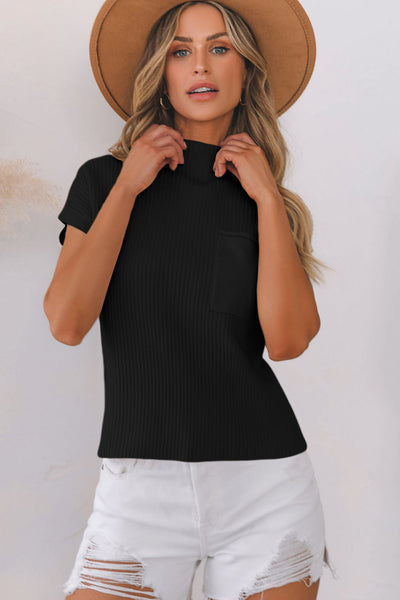 Casual Women's Black Ribbed Knit Short Sleeve Sweater with Patch Pockets - Chic Everyday Essential for Effortless Style