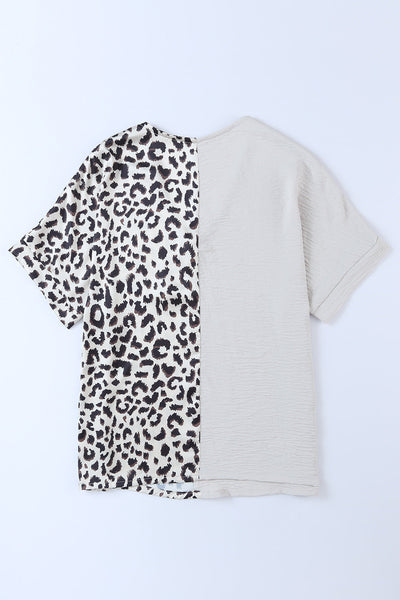 Women's Leopard Print Contrast V-Neck Textured Short Sleeve Shirt