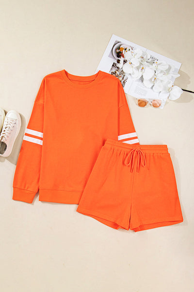 Trendy Plus Size Women's Orange Varsity Striped Pullover and Short Set with Drawstring Waist for Ultimate Comfort