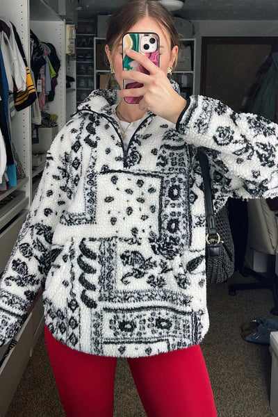 Cozy Oversized Black Sherpa Quarter Zip Sweatshirt for Women with Trendy Western Print Stylish Casual Top