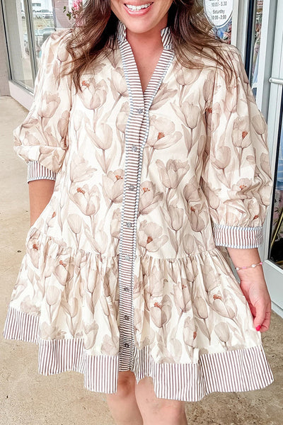 Plus Size Women's Casual Elegance Khaki Floral A-line Dress with Striped Trim and Button Details for Effortless Style