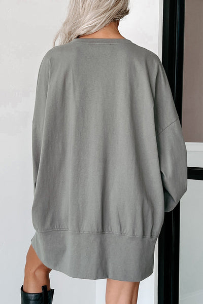Women's Relaxed Fit Medium Grey Sequin Halloween Graphic Long Sleeve Top with Notched Neck - Festive and Stylish