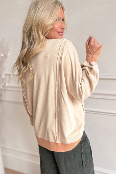 Trendy Women's Oversized Apricot Leopard Print Sweatshirt with Stylish Letter Stitching and Raw Seam Design