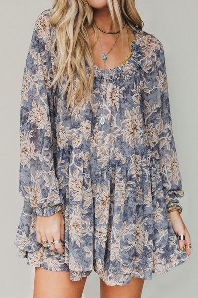 Women's Dusty Blue Floral Ruffle Romper with Long Bishop Sleeves