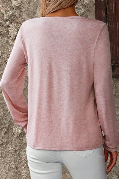 Women's Light Pink Crossover V-Neck Long Sleeve Tee - Soft & Comfy Casual Top for Everyday Chic Style