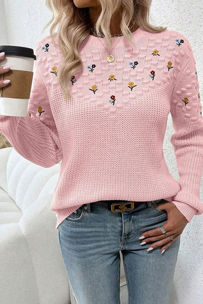 Light Pink Women's Casual Sweater with Textured Knit and Floral Embroidery Ideal for Everyday Chic Style