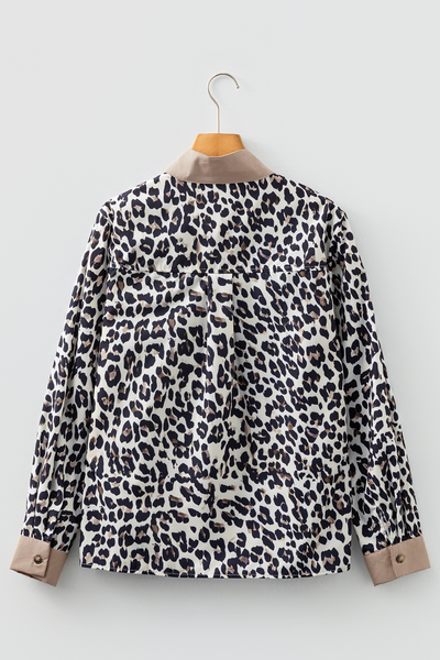 Women's Leopard Print Henley Blouse with Contrast Tan Trim