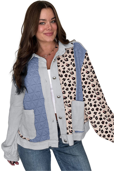 Chic Women's Sky Blue Leopard Print Quilted Jacket - Cozy Waffle Knit Button Front for Stylish Layering