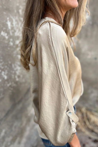 Beige Pintucked V-Neck Tunic Top for Women with Tab Sleeves and Side Slits Soft, Stylish, Perfect for Everyday Wear