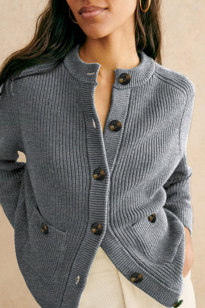 Women's Ribbed Viscose-Blend Crewneck Cardigan in Heather Grey