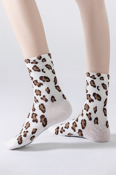 Women's Classic White Leopard Print Crew Socks in Soft Cotton-Blend