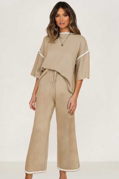 Women's Camel Knit Half-Sleeve Top and Wide-Leg Drawstring Pant Set