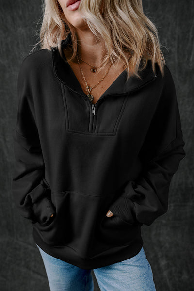 Cozy Women's Black Zip-Up Sweatshirt with Stand Collar & Kangaroo Pocket Stylish Everyday Essential for Comfort