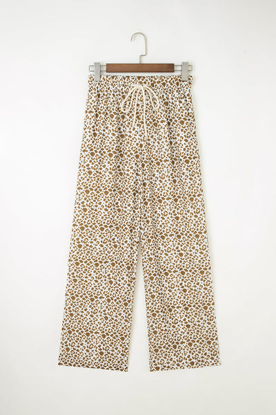 women's khaki leopard wide-leg drawstring pants made for easy styling and wardrobe coordination, with premium-like structure and finish. with