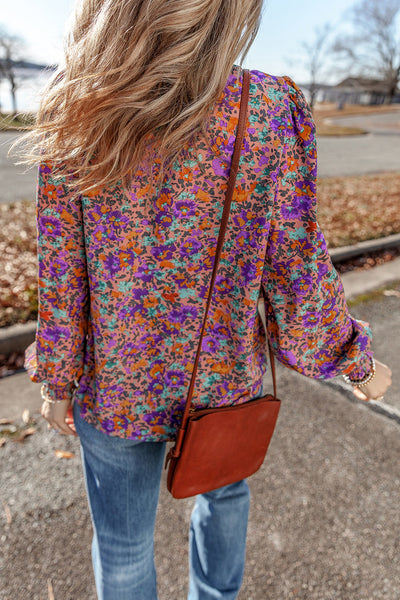 Elegant Women's Purple Floral Blouse with Frilled Neckline & Shirred Cuffs - Perfect for Casual or Formal Occasions