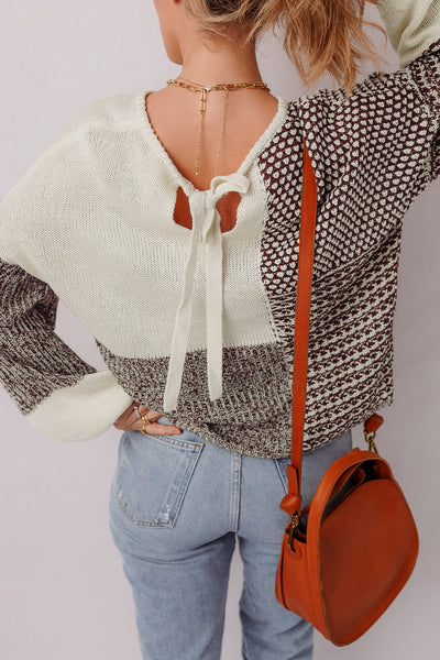 Women's Dark Khaki Color Block Sweater with Back Tie, Drop Shoulder, and Relaxed Fit for Effortless Chic Style