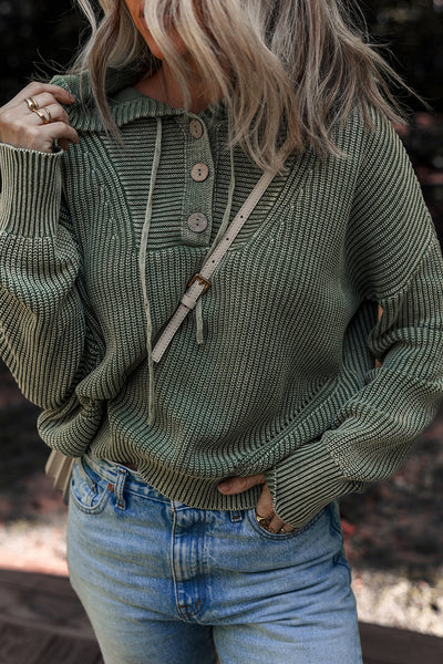 Women's Mist Green Ribbed Knit Hooded Pullover Sweater - Cozy Casual Style with Drawstring and Mineral Wash Finish