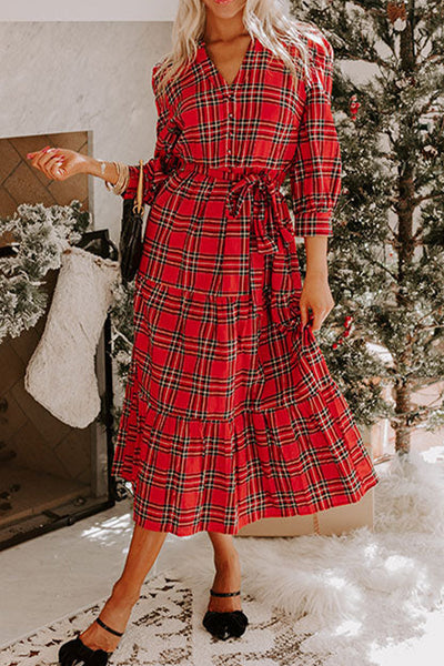 Festive Women's Red Plaid Midi Dress with V-Neck, 3/4 Sleeves, Tie Waist, and Ruffle Hem for Holiday Cheer