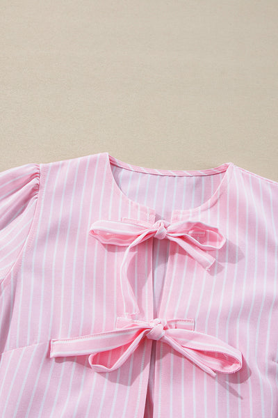Trendy Women's Pink Striped Puff Sleeve Blouse with Bowknot Detail - Chic Crew Neck Top for Stylish Casual Looks