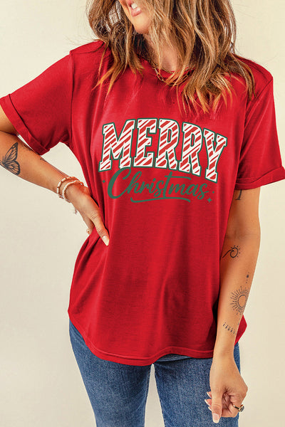 Women's Merry Christmas Graphic Tee in Red Cotton Blend
