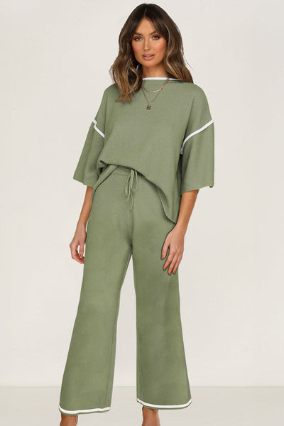 Women's Guacamole Green Knit Wide-Leg Two-Piece Lounge Set