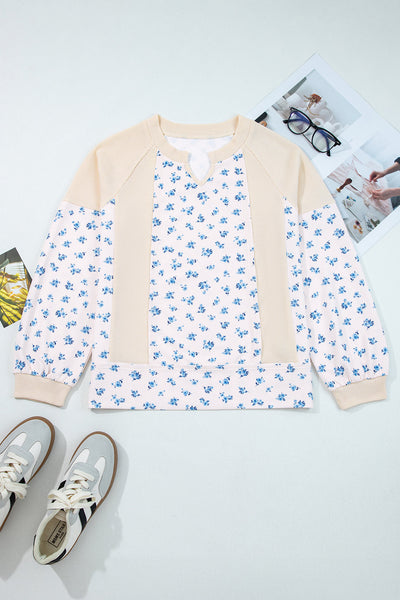 Women's Floral Color Block Waffle Knit Balloon Sleeve Top