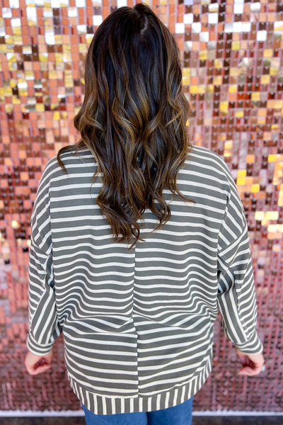 Plus Size Women's Gray Striped Pullover with Elegant Stitching and Drop Shoulder Design for Cozy Everyday Comfort