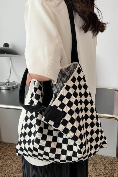 Women's Black and White Checkered Knit Shoulder Tote Bag