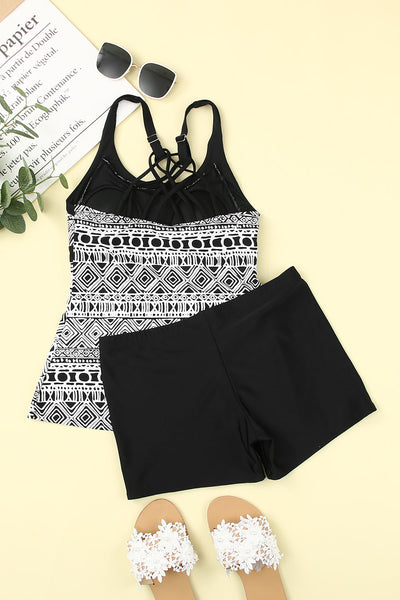 Chic Monochrome Print Strappy Back Tankini Swimsuit