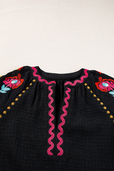 Chic Women's Black Floral Embroidered Puff Sleeve Blouse with Textured Fabric - Elegant Top for Any Occasion