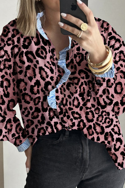 Women's Pink Leopard Print Frill Accent Blouse