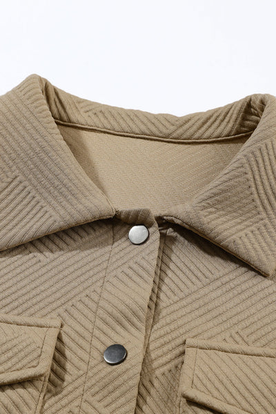 Women's Khaki Textured Shacket with Flap Pockets - Trendy Layering Jacket for Casual Chic Style