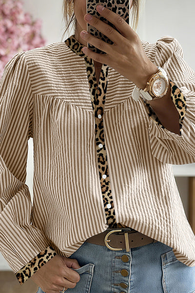 Women's Trendy Women's Brown Stripe Leopard Print Long Sleeve Shirt with Patchwork Detail - Chic Casual Fashion Top