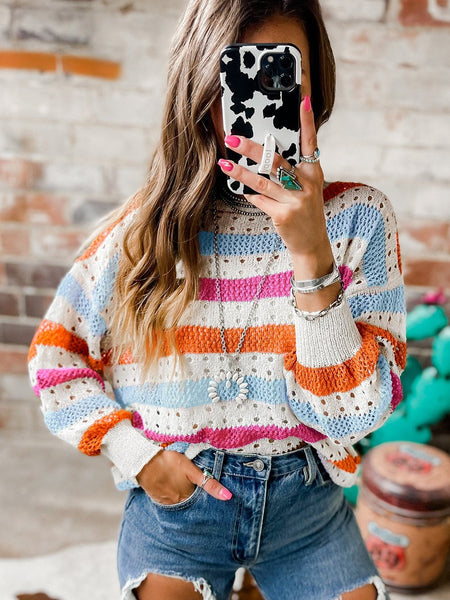 Striped Hollowed Knitwear Pullover