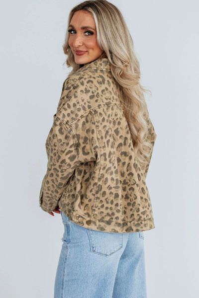 Women's Khaki Retro Leopard Print Denim Jacket with Seam Detail & Button Closure - Stylish & Trendy Outerwear