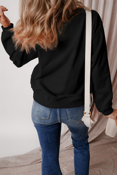 Women's Cozy Black Fleece-Lined Drop Shoulder Sweatshirt - Relaxed Fit Terry Fabric for Ultimate Comfort and Style