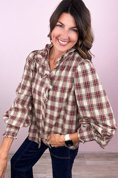 Trendy Women's Apricot Plaid Puff Sleeve Shirt with Frilled Collar Chic Casual Top for Everyday Fashion