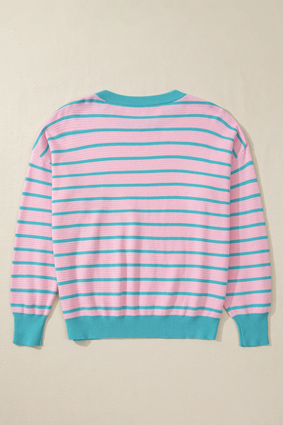 Cozy Women's Pink Striped Loose Sweater with Drop Shoulders & Round Neck - Effortless Casual Knit Top for Relaxed Style